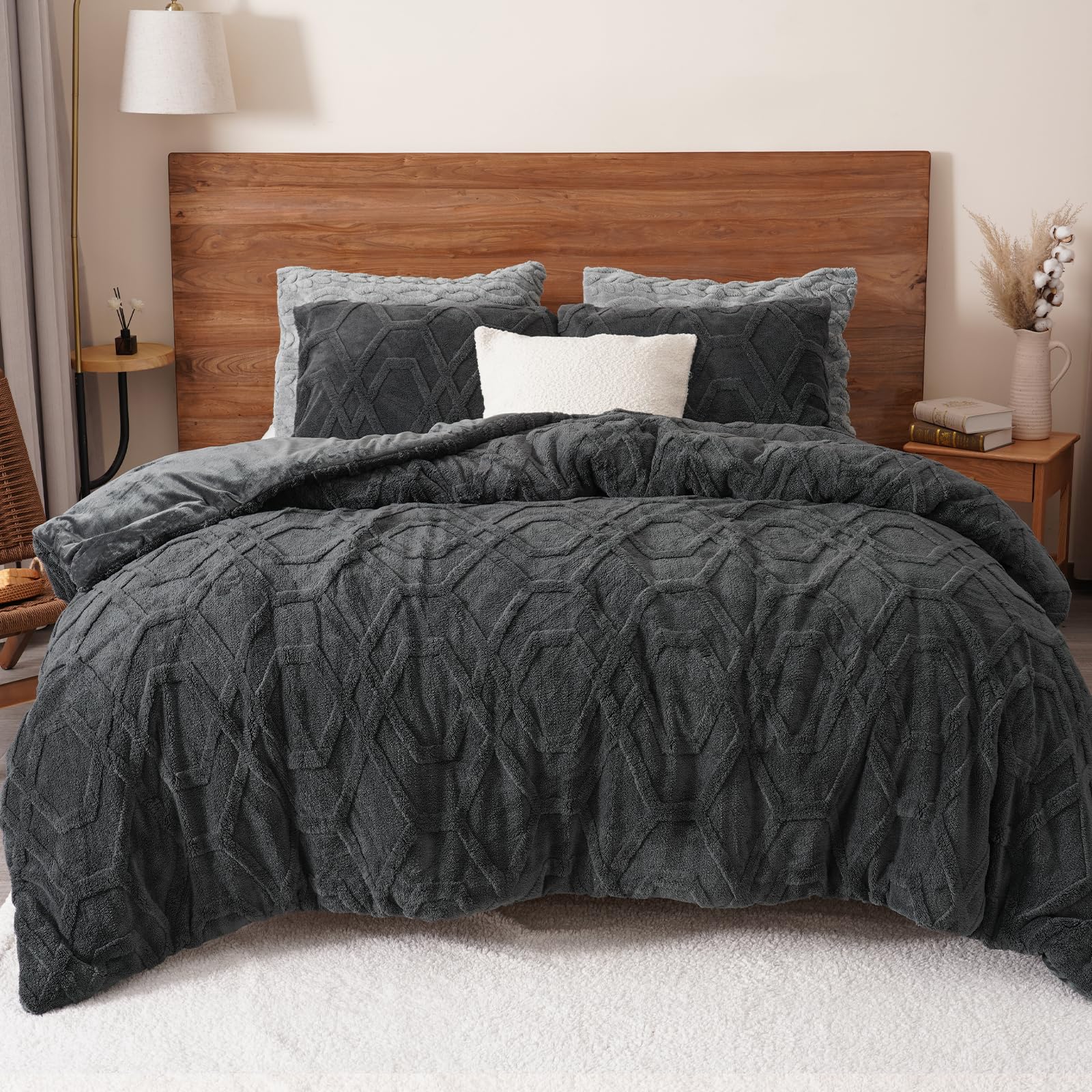 Phf Warm Sherpa Fleece King Comforter Set, 3D Tufted Fluffy Dark Grey Bedding For Winter, Soft 2 Pieces Shaggy Bed Set, 1 Comfor